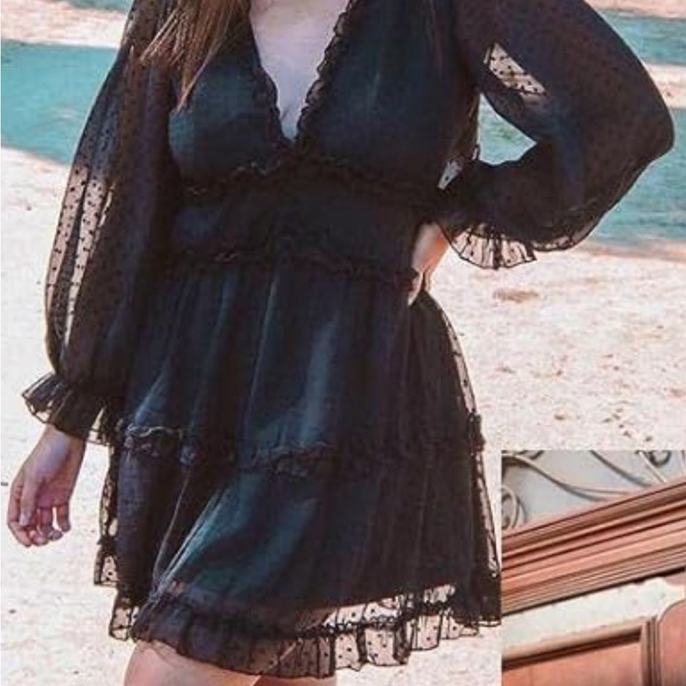 ASvivid Black Ruffle Layer Mini Dress Large Long Sleeve Boho Coquette NWOT